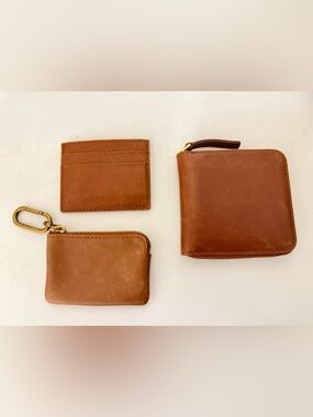 Madewell Brown Leather Wallet Set - Zip Bifold, Card Holder & Key Pouch